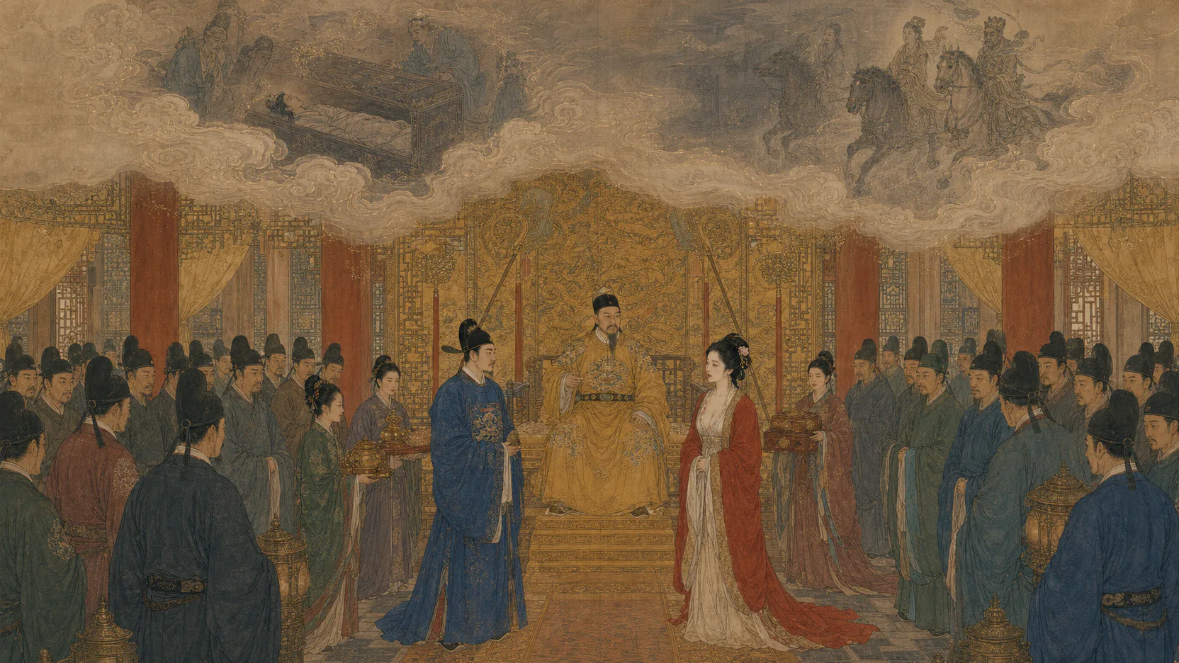 金殿上皇帝召见中进士的孙子楚与阿宝并赐赏，云烟中回望开棺复生与鬼卒送魂