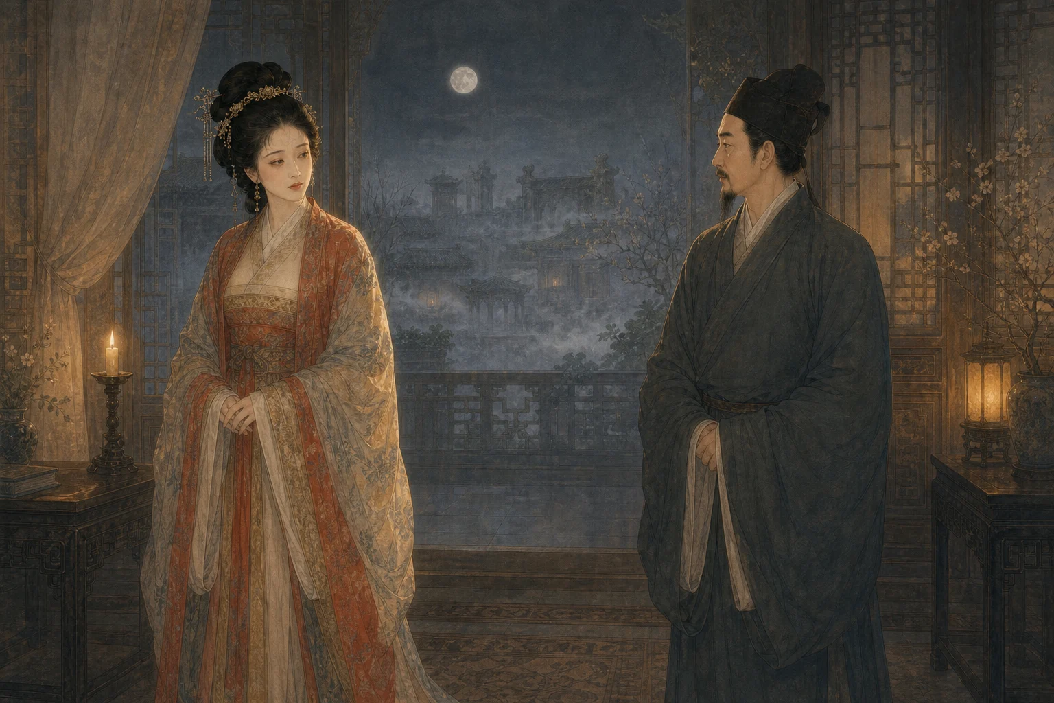 《林四娘》人物图：成年林四娘穿珊瑚红与雾灰宫装，成年陈宝钥穿深色官服，两人隔琴相对