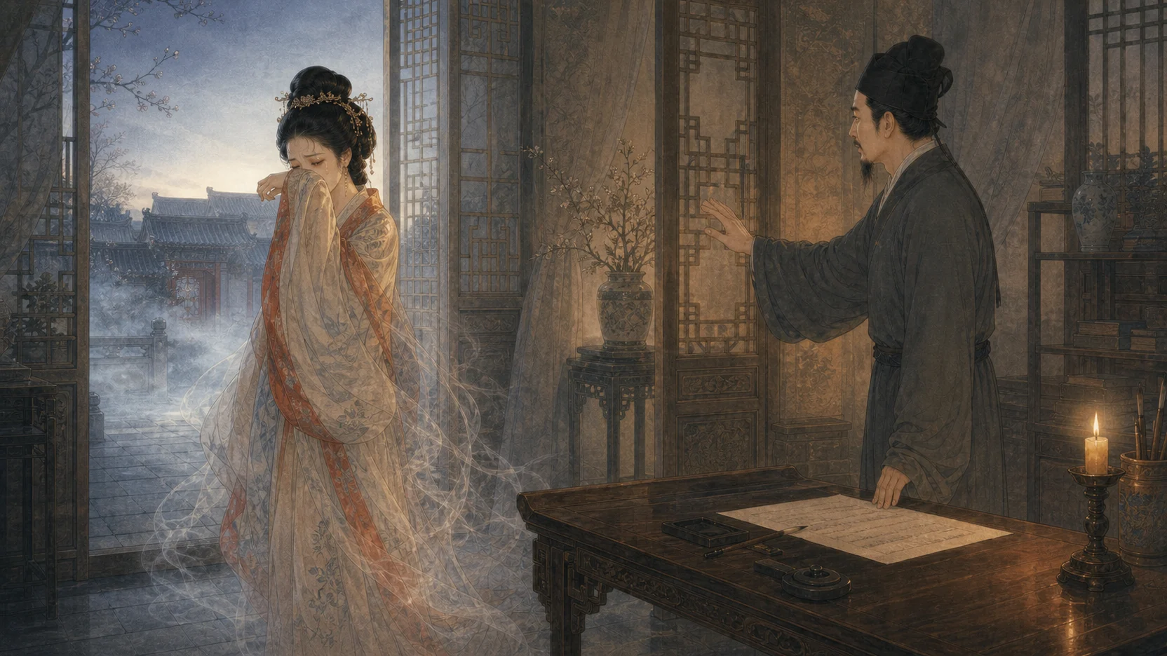 《林四娘》结尾:黎明将至,成年林四娘掩袖告别并渐隐,成年陈宝钥在写有诗句的案旁挽留