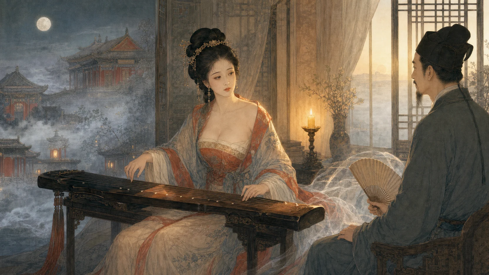 《林四娘》主场景:月夜官署中,成年林四娘抚琴,成年陈宝钥在旁聆听,远处隐约可见荒废宫苑