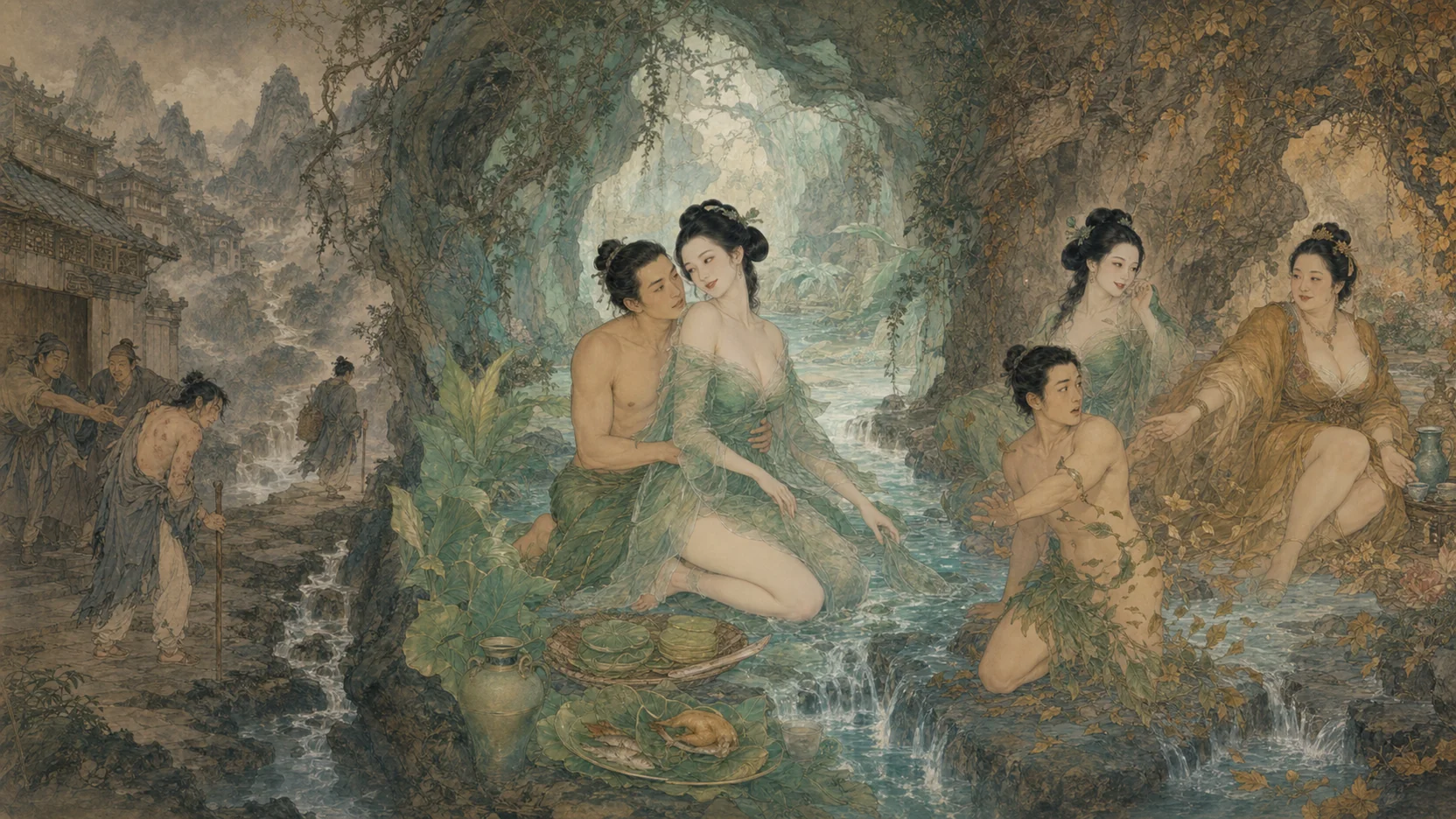 《翩翩》山中长景：罗子浮被逐、溪边遇救、翩翩化叶为衣食、花城来访与仙衣化叶