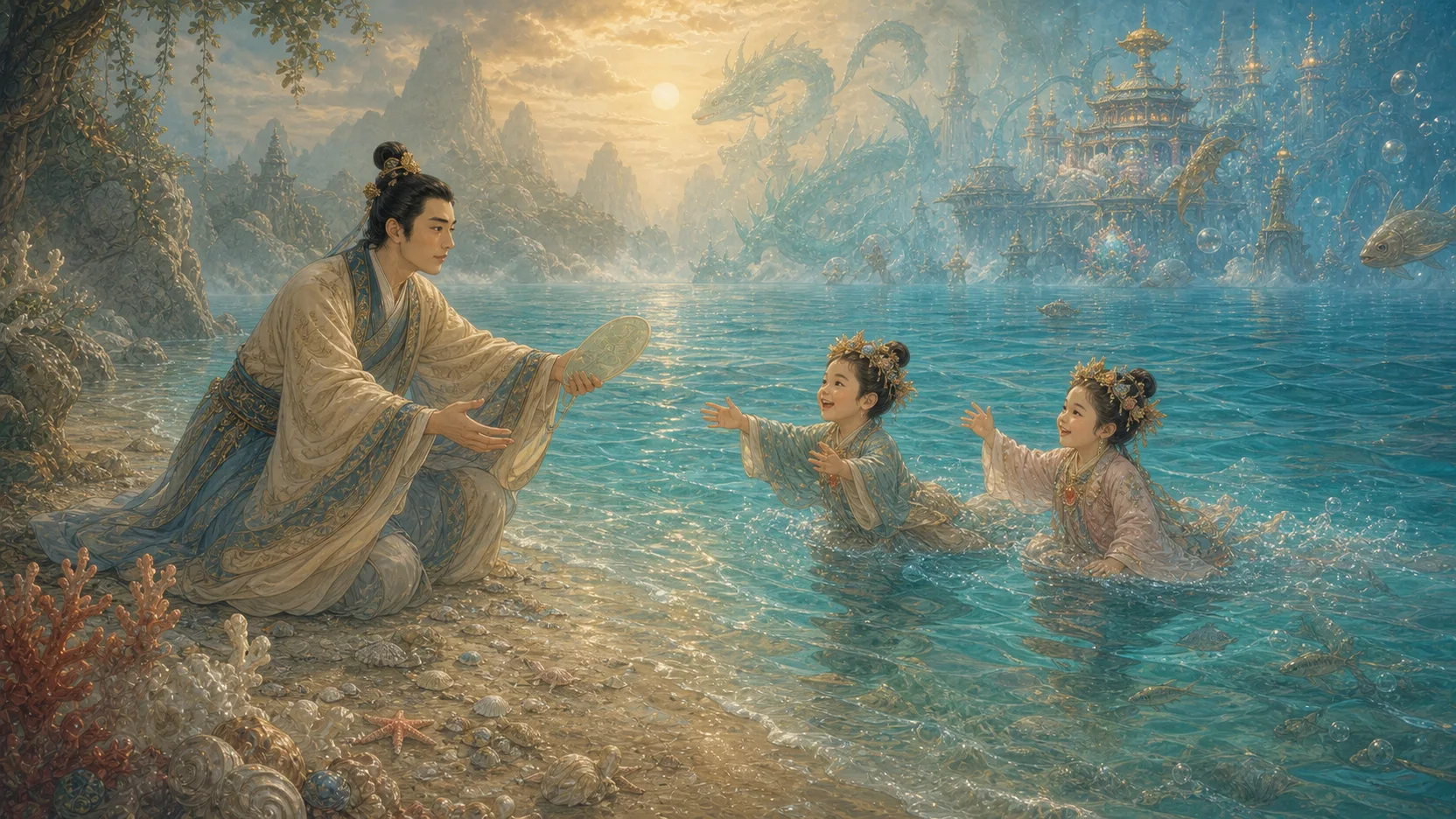 成年马骥在南岛岸边伸手接回水面上的一双幼儿,孩子花冠饰有赤玉莲花