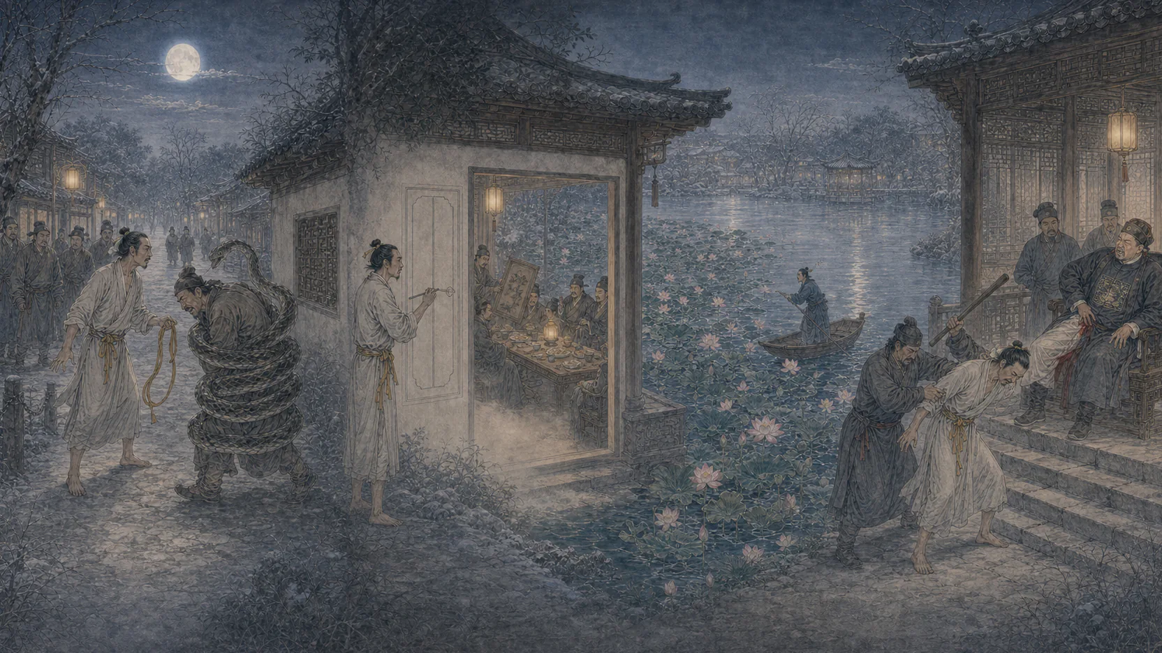 《寒月芙蕖》16:9连续叙事图：黄绦真蛇、壁门宴席、寒月幻荷与杖击反伤