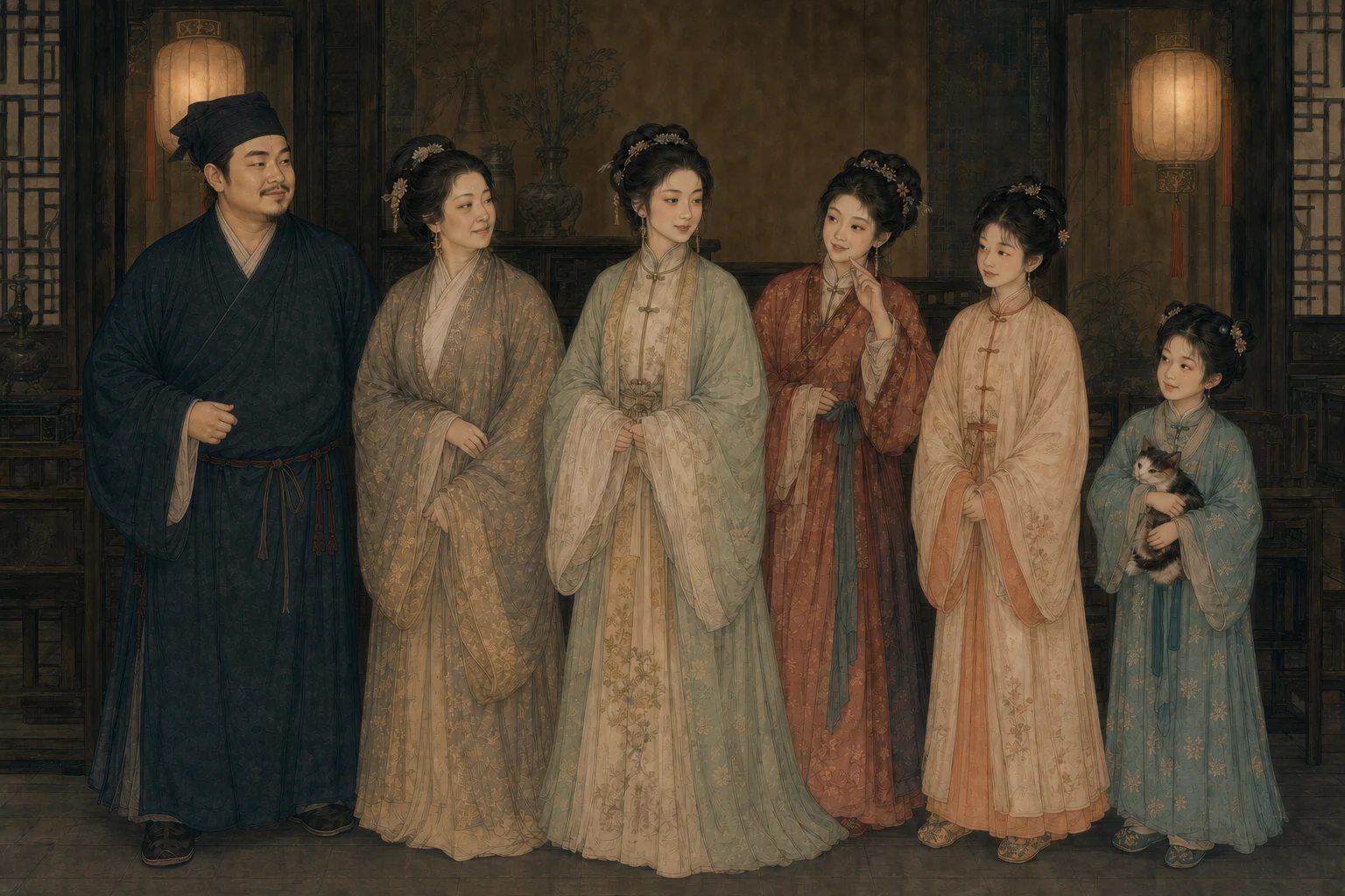 《狐梦》人物图：毕怡庵、狐妇、大姊、二姊、三娘与抱猫的四妹依次站立