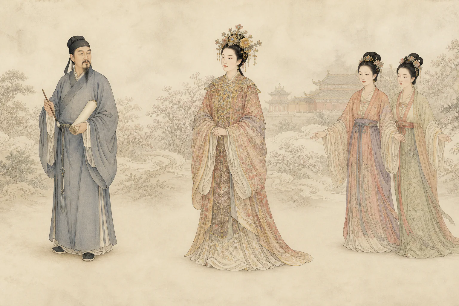 《绛妃》人物图：清代文士蒲松龄执笔站在左侧，花神绛妃居中，两名奉召女郎站在右侧，人物全身着装且彼此分开