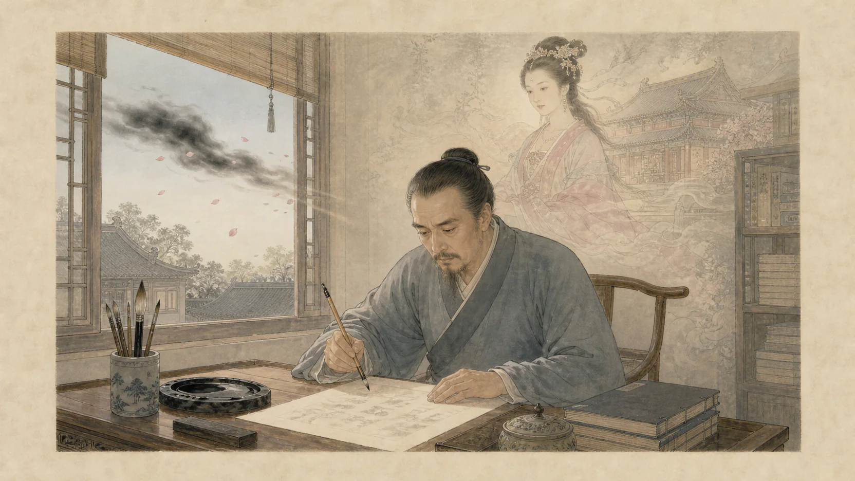 蒲松龄在清晨书案前补写讨风檄文,梦中绛妃与花木宫殿如淡影从窗外消退,纸面无可辨文字,黑风只在远处掠过落花