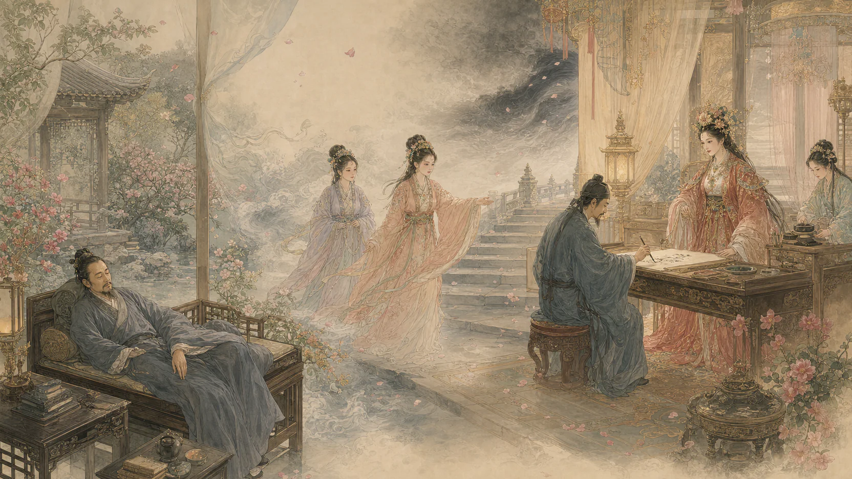 《绛妃》16:9全文图:左侧绰然堂花木与倦眠文士,中部二女郎引路进入花神宫殿,右侧绛妃请蒲松龄执笔写檄,远处黑风和落花仅作象征背景