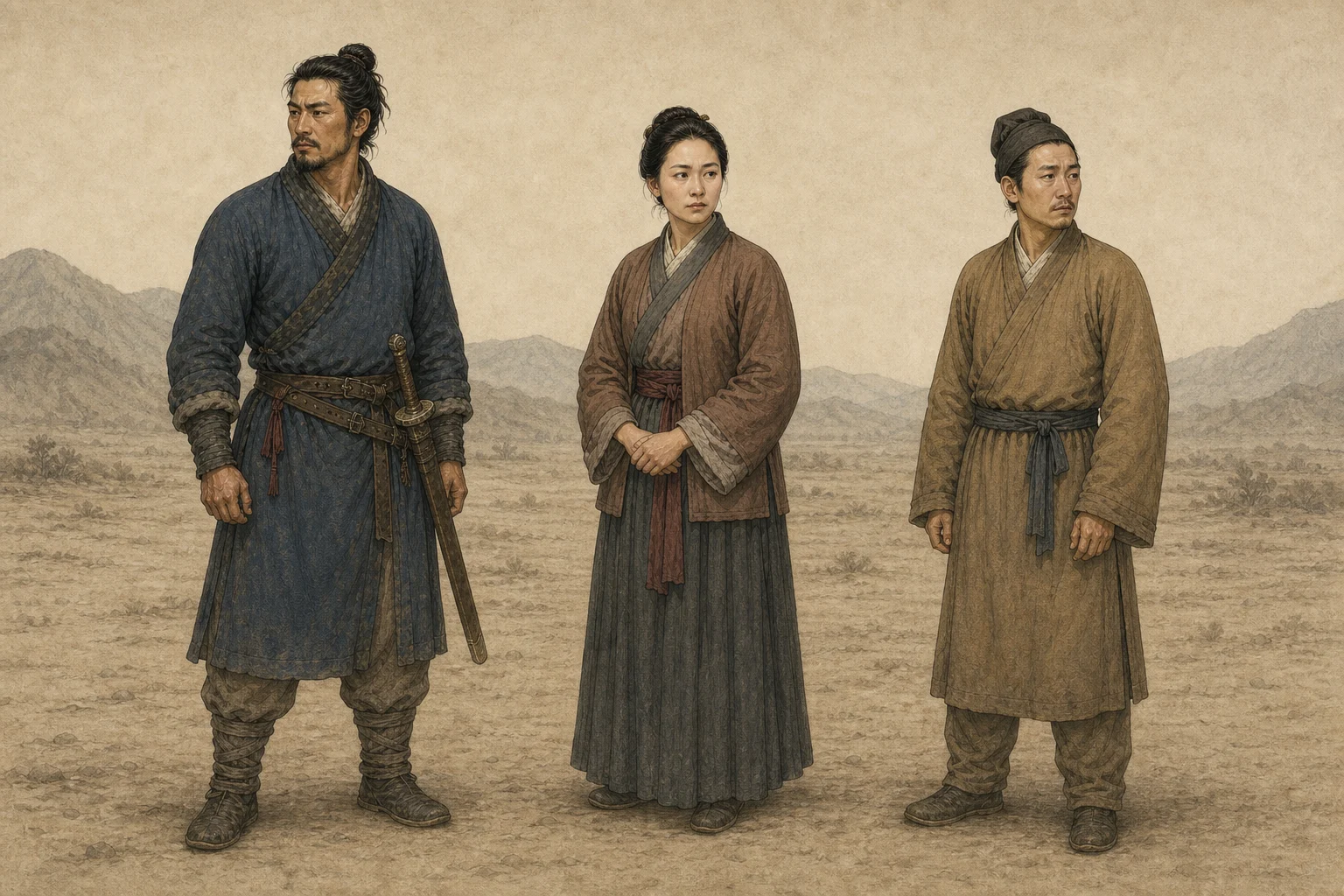 《罗祖》人物图：罗祖、罗妻与李某三名成人分列在边城与民居之间