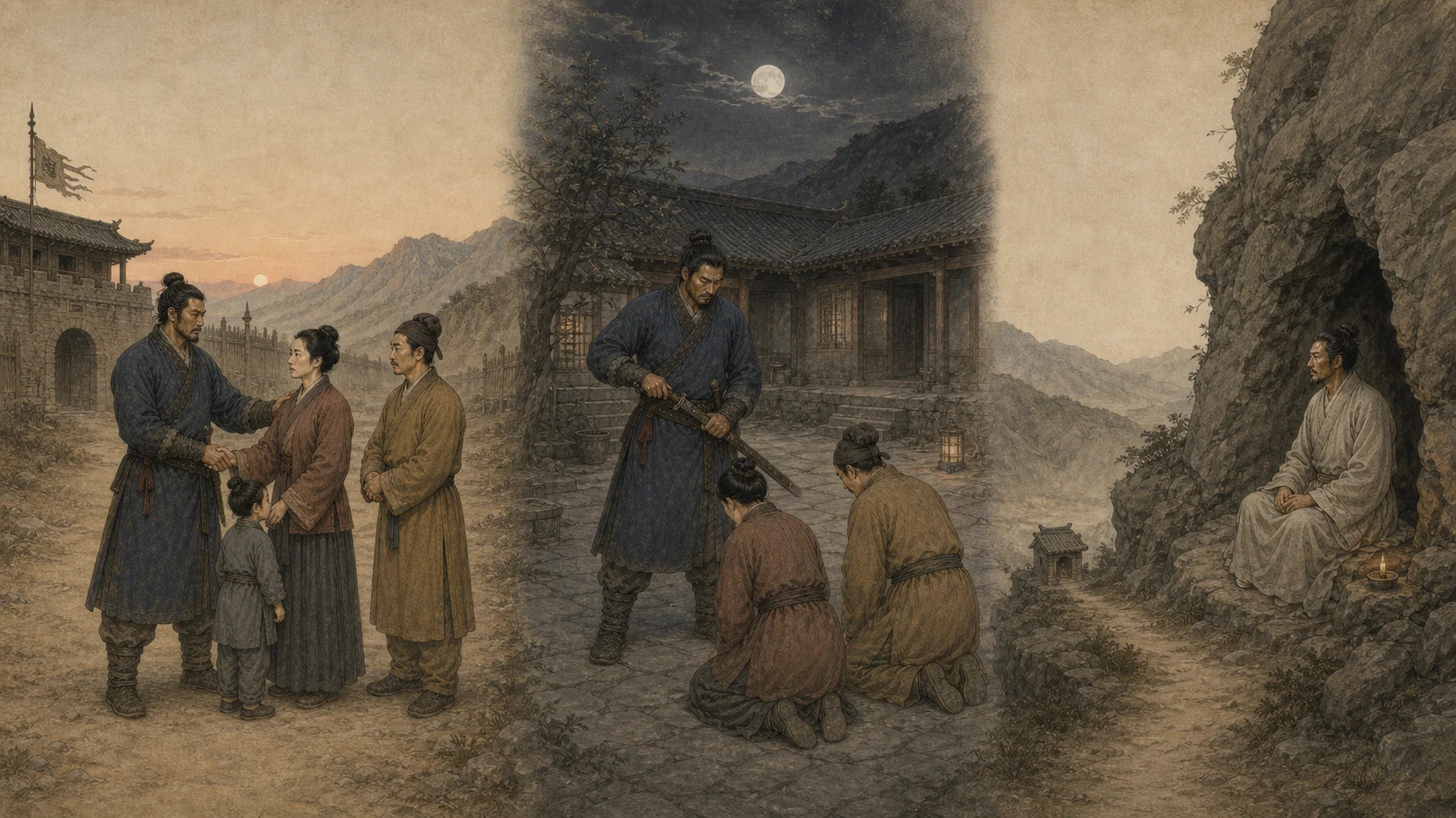 《罗祖》16:9连续主图：左侧戍边托妻，中部月夜收刀，右侧入山坐化与远处小庙