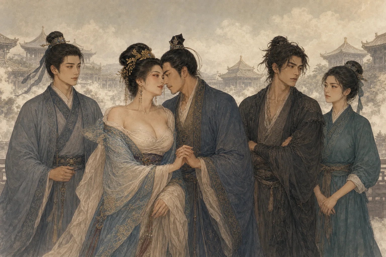 《云萝公主》人物关系图：成年云萝与安大业居中，成年大器、二十三岁的可弃和完整着装的侯女分列两侧