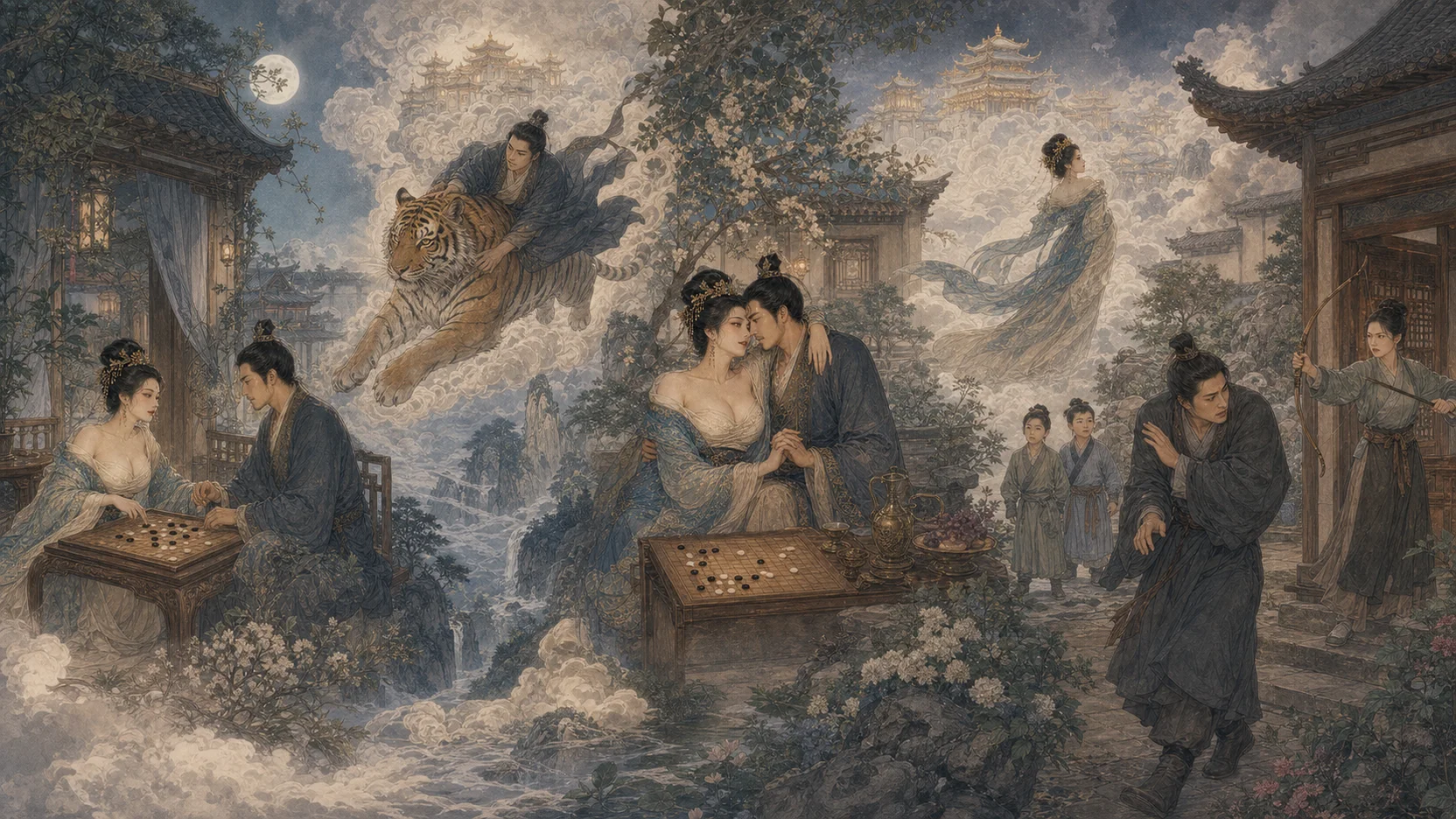 《云萝公主》连续主图：初会下棋、虎救安大业、成年夫妻选择六年相守、云萝离去与成年可弃受侯女约束