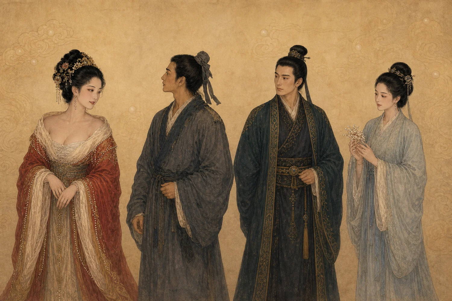 《神女》人物图：成年神女、米生、傅公子与顾博士
