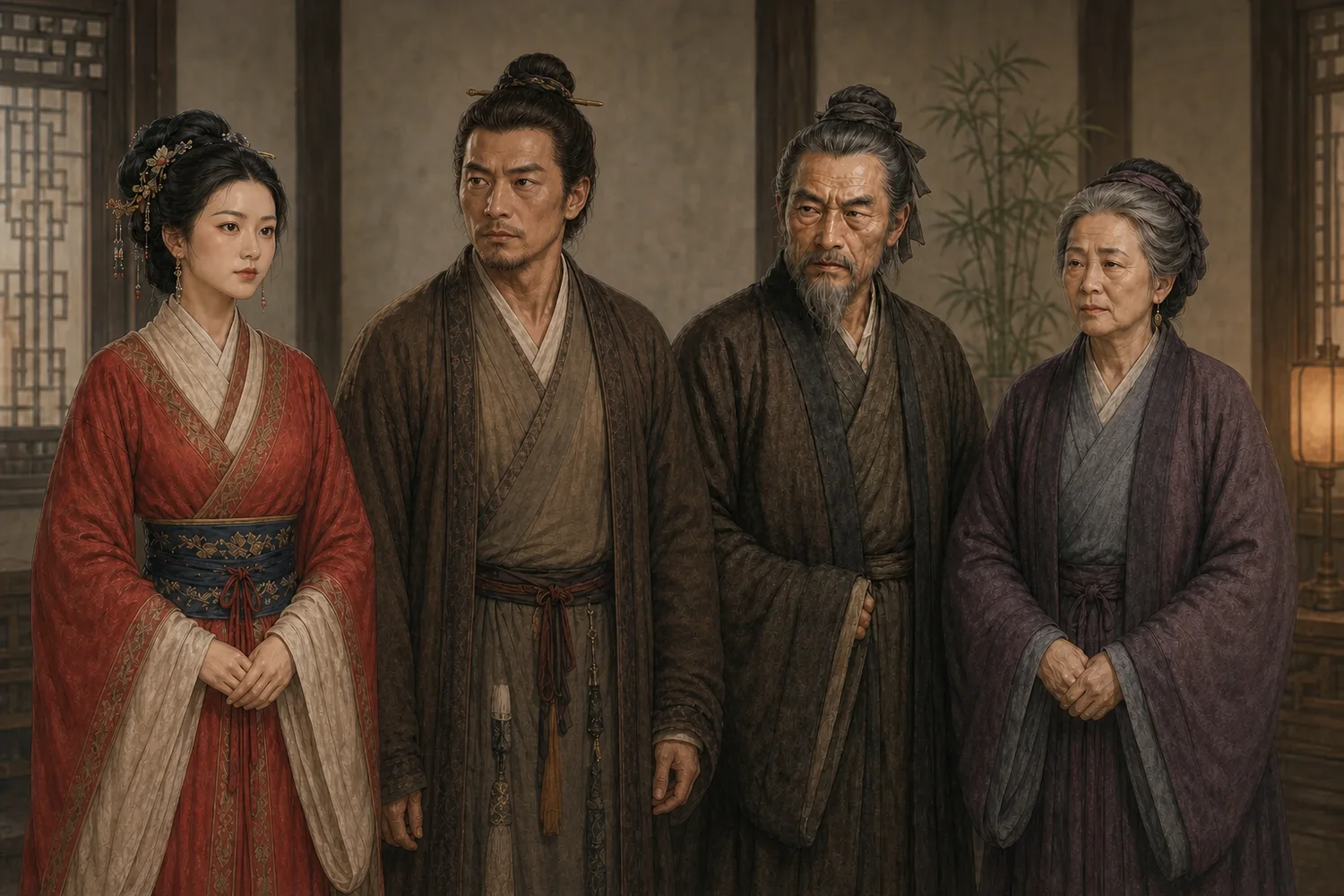 《长亭》人物图：红衣长亭、褐衣短须的石太璞、深褐衣的狐翁和灰紫衣的狐媪