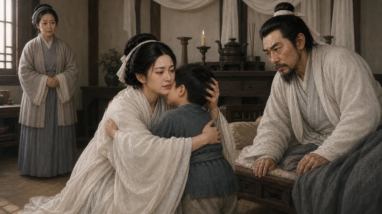 素服的长亭在守丧屋内抱住慧儿，病中的石太璞从榻上望向母子，一名成年婢女在远处见证