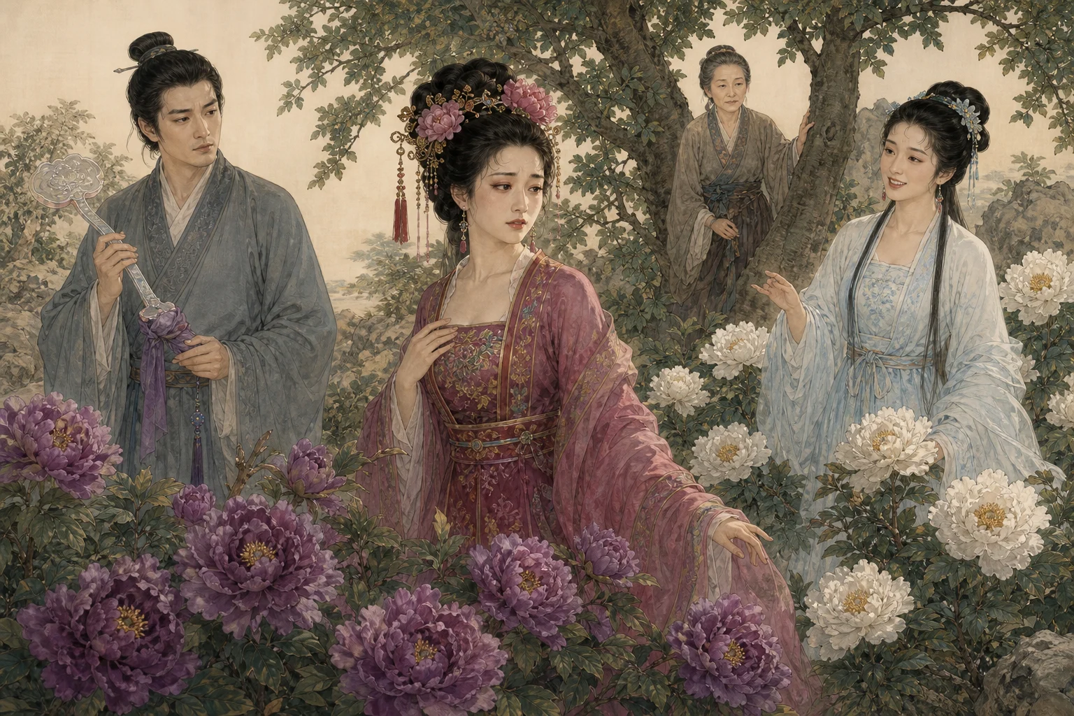 《葛巾》人物图：常大用手持水晶如意，葛巾立于紫牡丹前，玉版立于白牡丹前，桑姥在桑树下