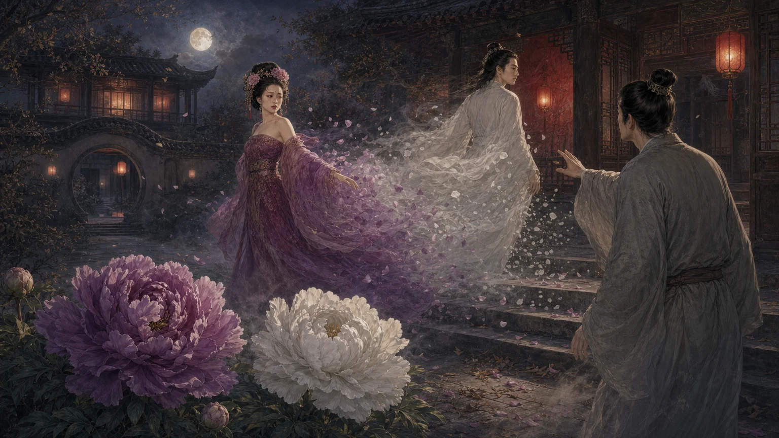 月下常宅，成年葛巾与玉版化作紫白花瓣离去，常大用伸手追悔，前景长出紫白牡丹
