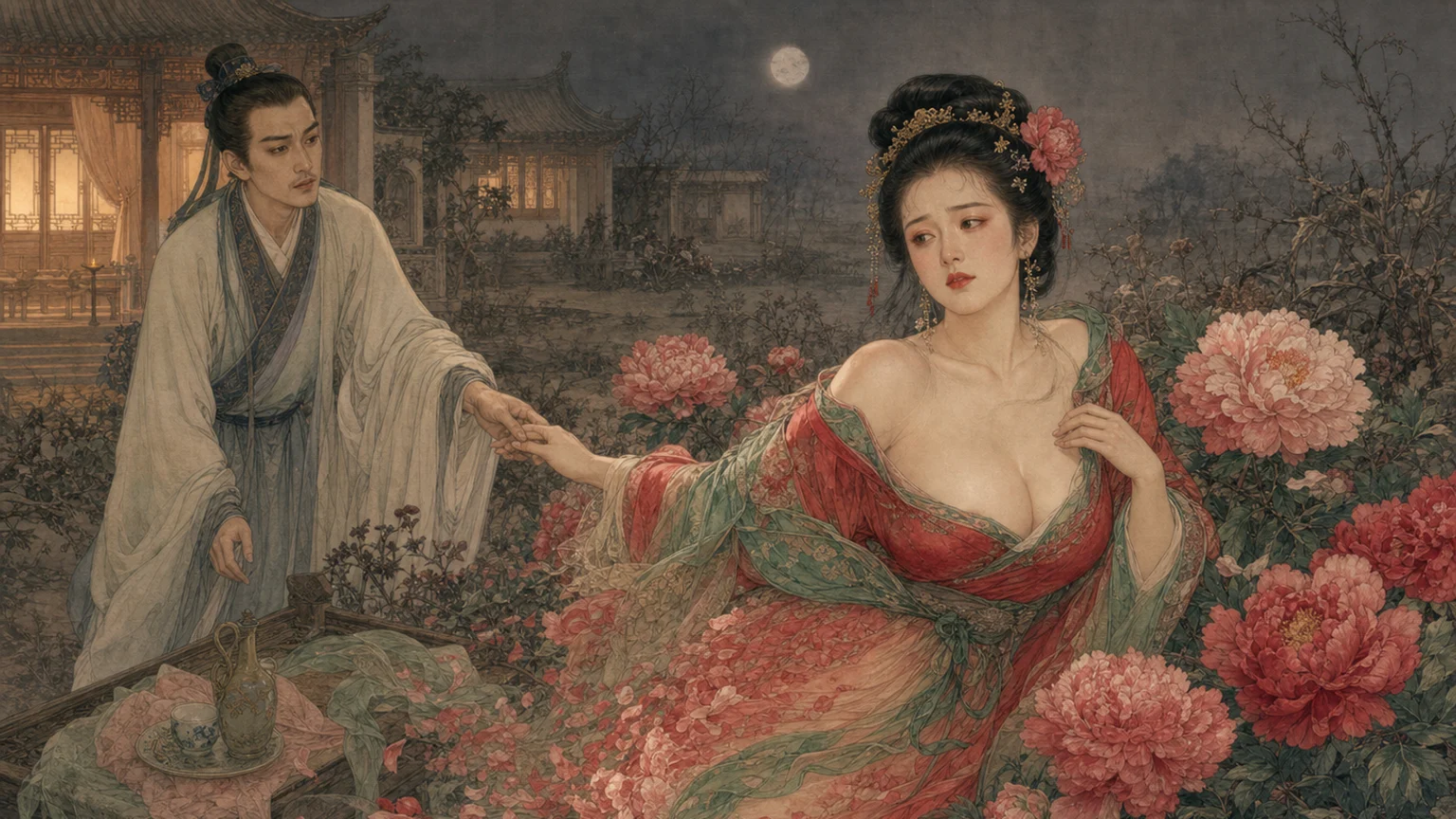 月夜牡丹园中，成年葛巾衣襟半敞回望，常大用伸手牵住她