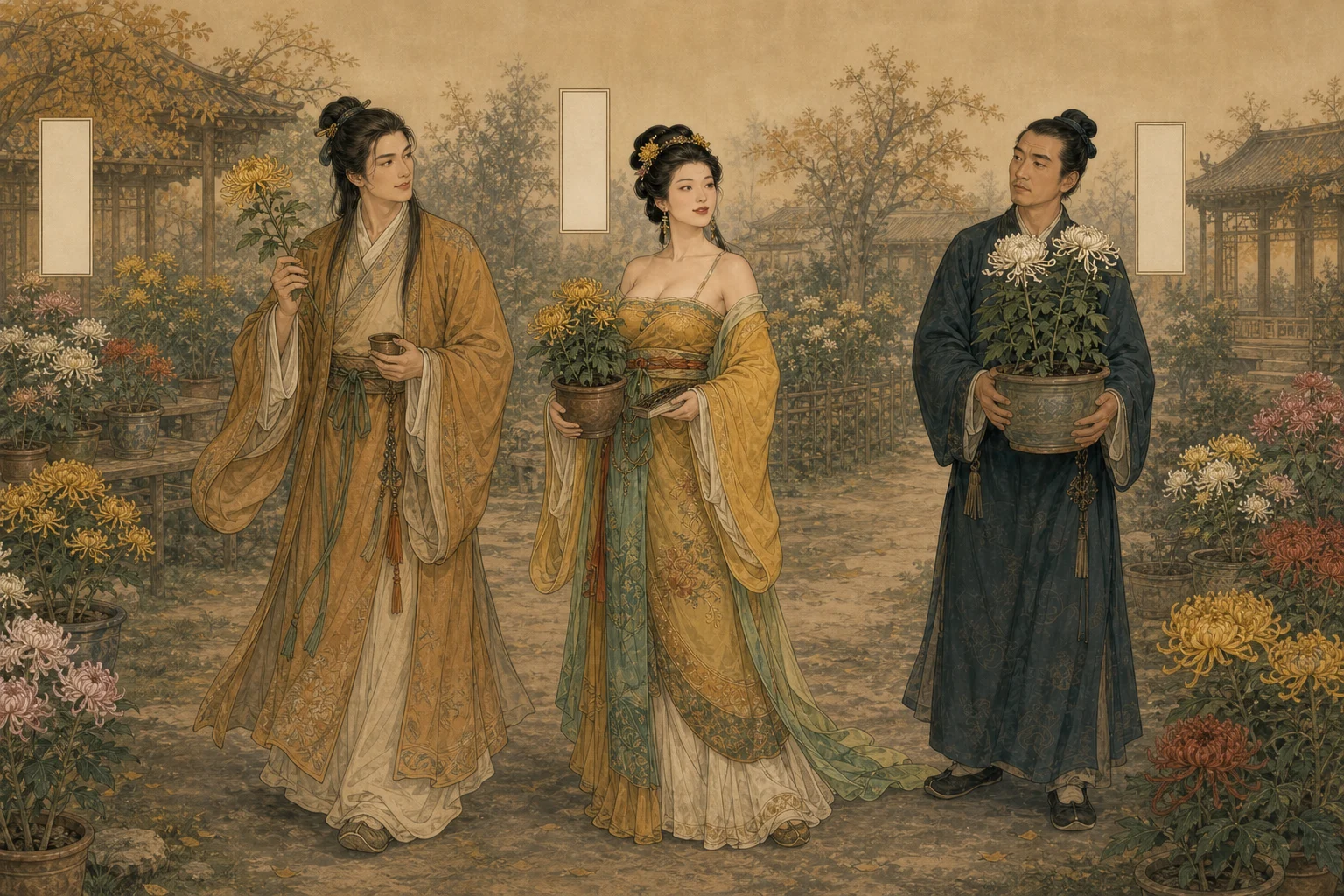 《黄英》人物图：陶三郎、黄英与马子才分列菊圃，黄英居中持菊盆，陶三郎持菊与酒盏，马子才捧白菊