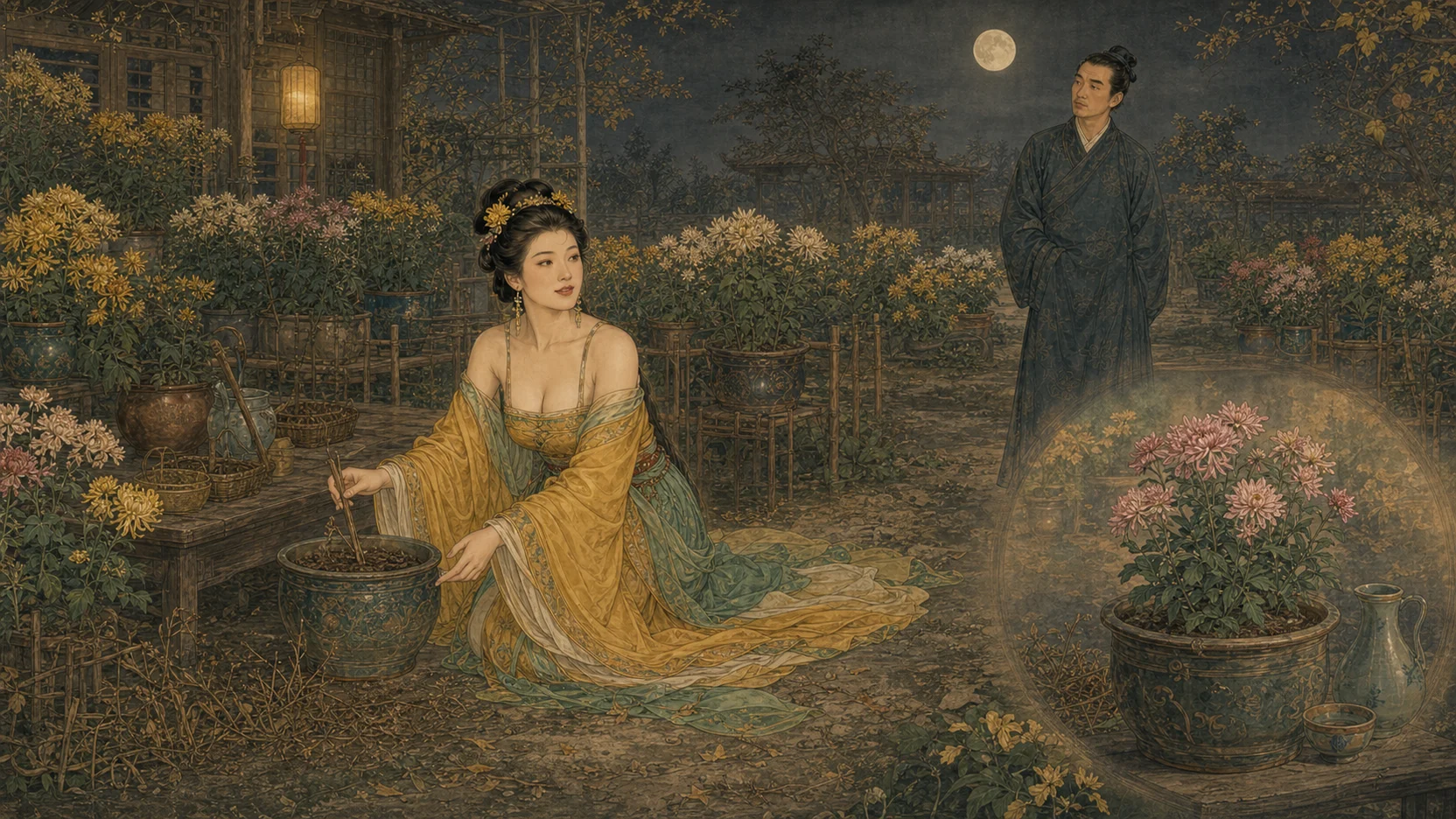《黄英》最高光：秋夜菊圃中黄英把枯萎的陶三郎菊梗埋入花盆，马子才在远处悔望，画面叠化出后来盛开的粉色醉陶