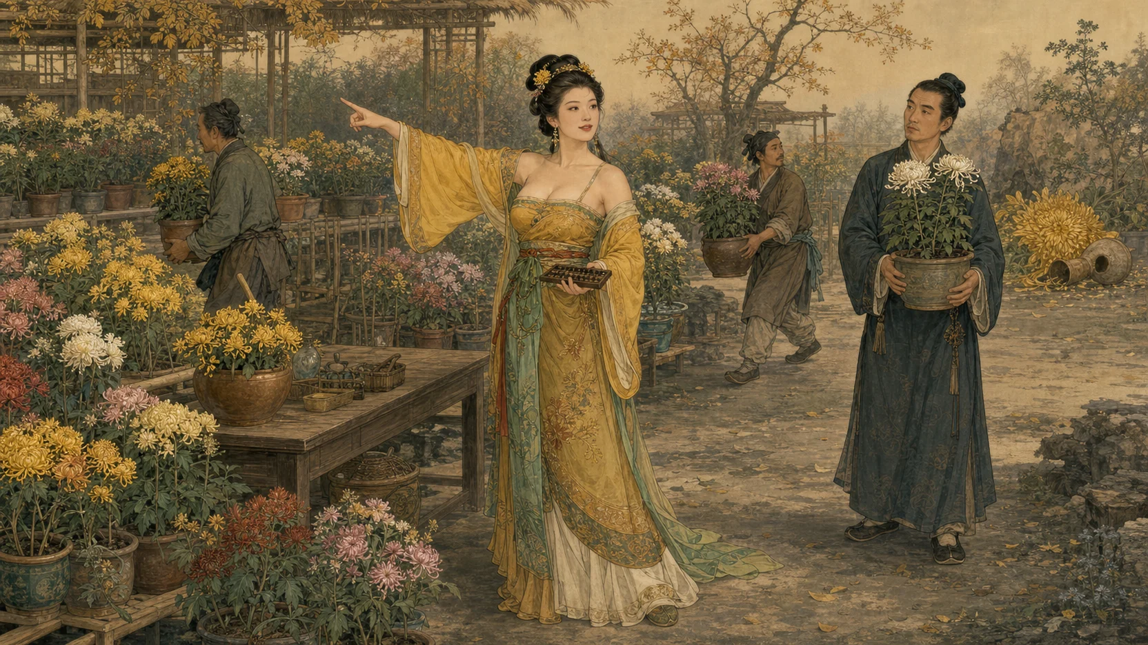 《黄英》16:9全文主场景图：黄英在菊圃主理花木，马子才捧白菊观望，仆役搬运各色盆菊