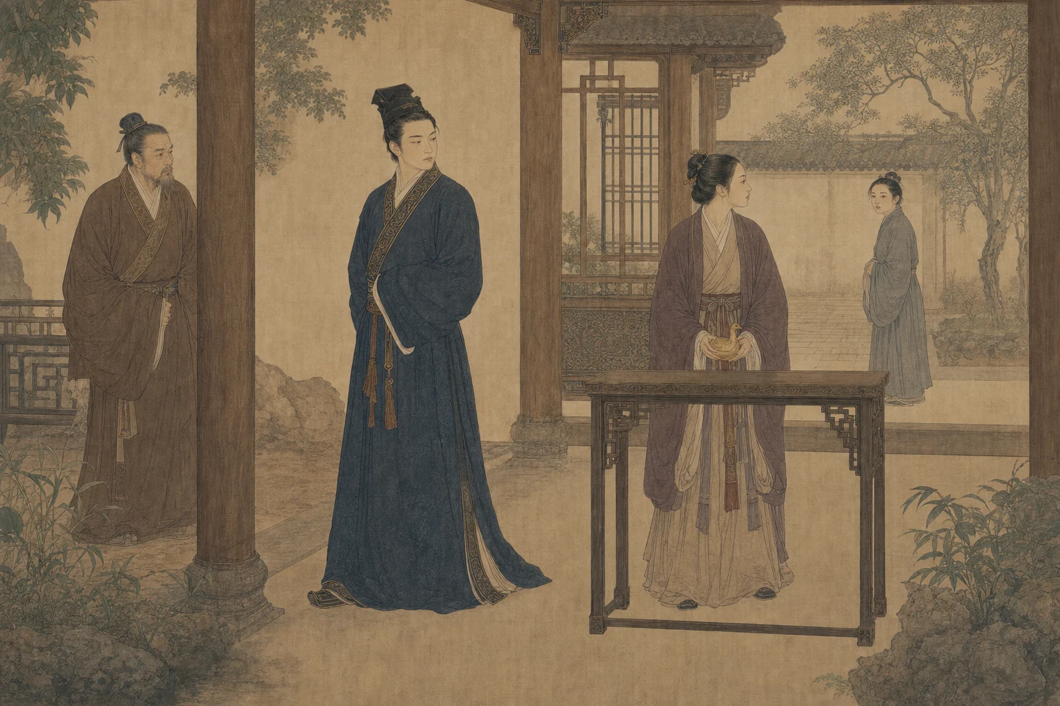 《韦公子》人物关系意象图：韦叔与韦公子被廊柱隔开，沈韦娘隔案托着黄金鸳鸯，罗惠卿站在远处门外