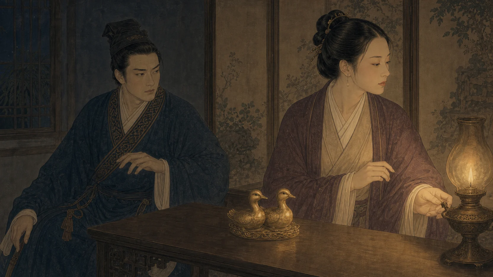 《韦公子》关键转折：夜晚室内，沈韦娘在灯下整理衣袖，韦公子隔案盯着一对黄金鸳鸯，手停在半空