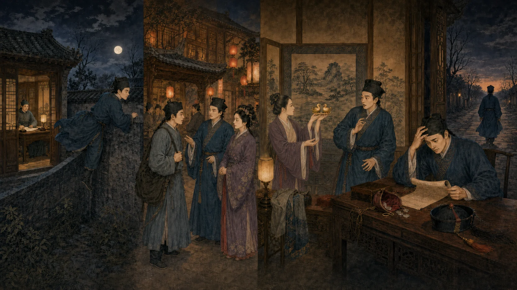 《韦公子》横向叙事长卷：别业夜归、西安身世问答、苏州黄金鸳鸯与诉讼失官四个场景从左至右展开，同一位韦公子在四段中保持相同衣冠形象