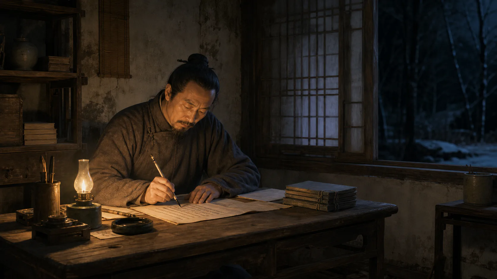 寒夜书斋中，蒲松龄守着一盏灯伏案写作，窗外月色青冷