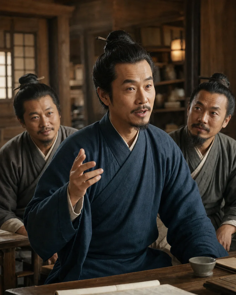 明末清初书坊中,一名成年说书人向两名成年看官开讲,三人面孔与发髻完整清楚