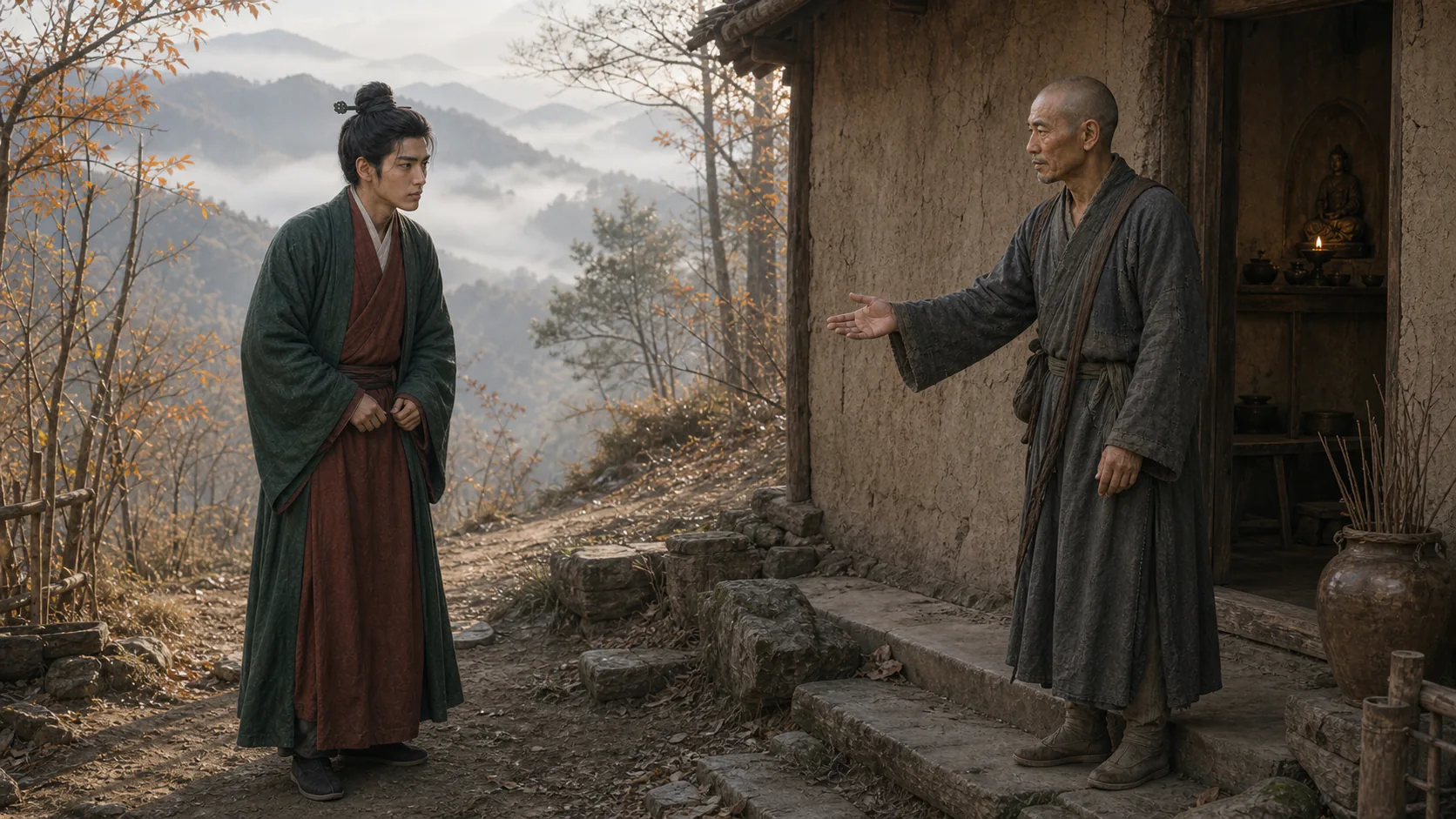 秋日清晨,成年未央生在山庵门前向孤峰长老行礼,长老抬手相迎