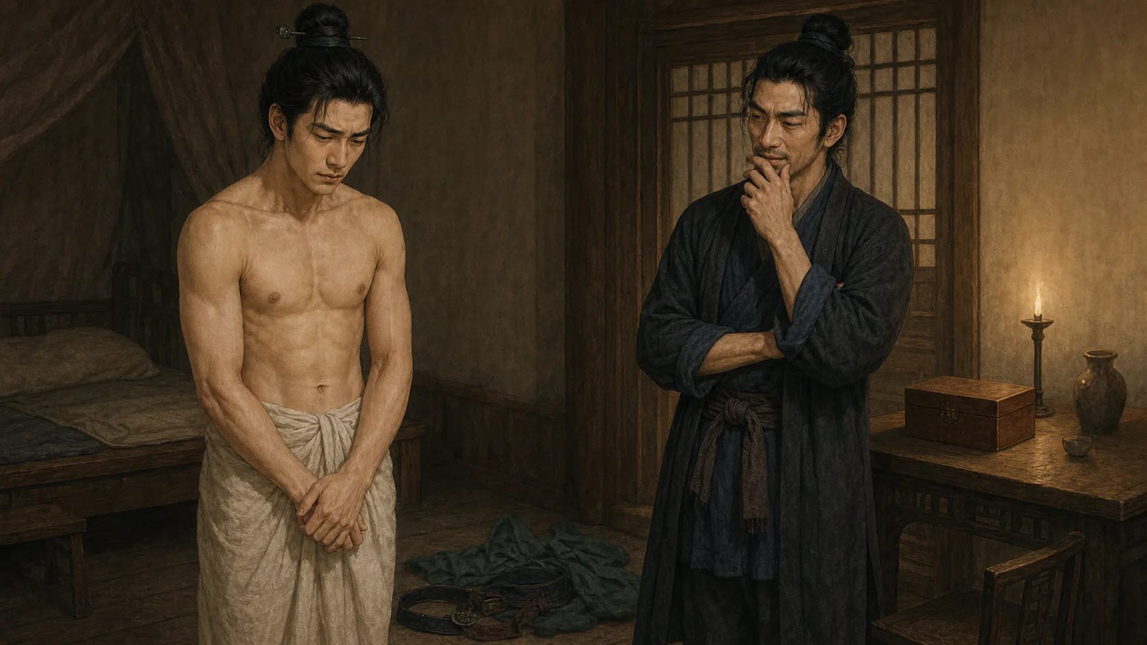 紧闭房内,成年未央生袒露上身、以布巾围住下身低头受检,成年赛昆仑保持距离审视