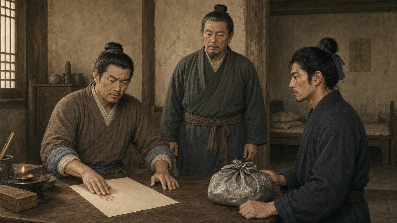 权老实在空白婚书上按下手印,成年赛昆仑把银包放在案边,一名成年邻人居中见证