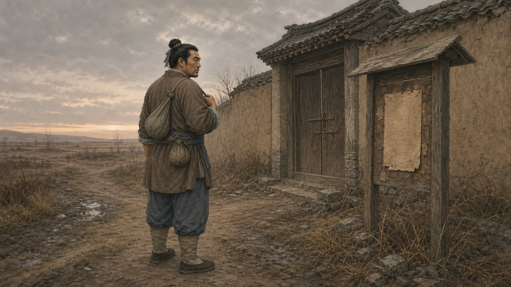 孤立宅院外,明确成年的权老实独自站在荒园边查看树上木牌,远处宅门紧闭
