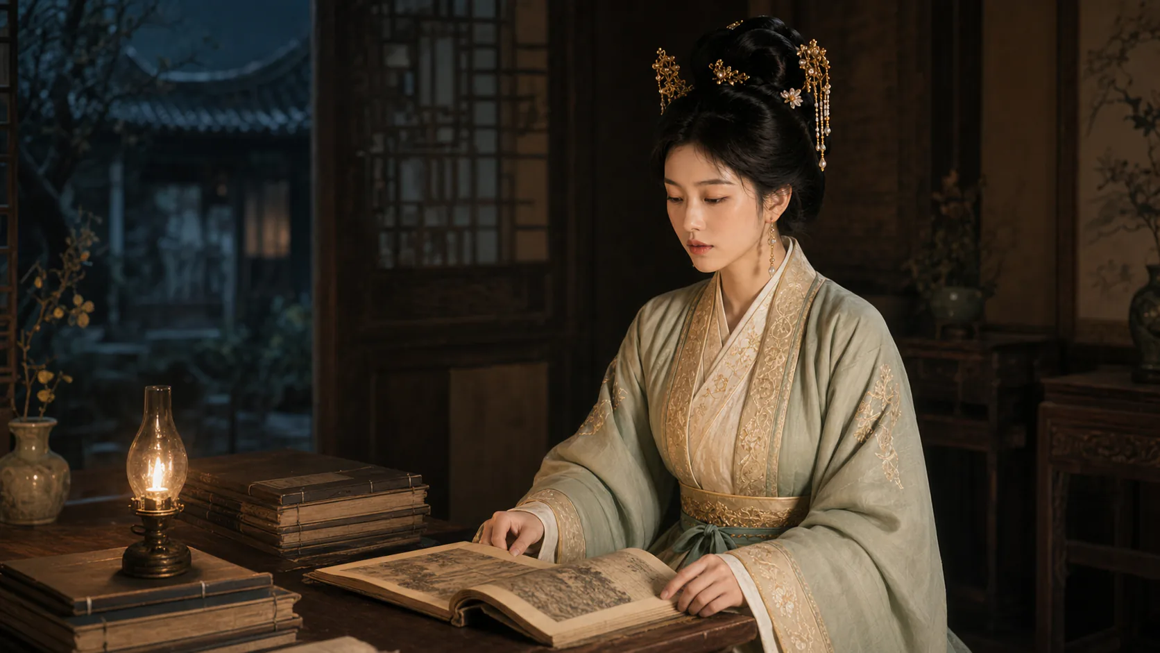 夜间紧闭的书房里,成年视觉改编的玉香独坐案前翻看旧书,身旁放着成摞线装书