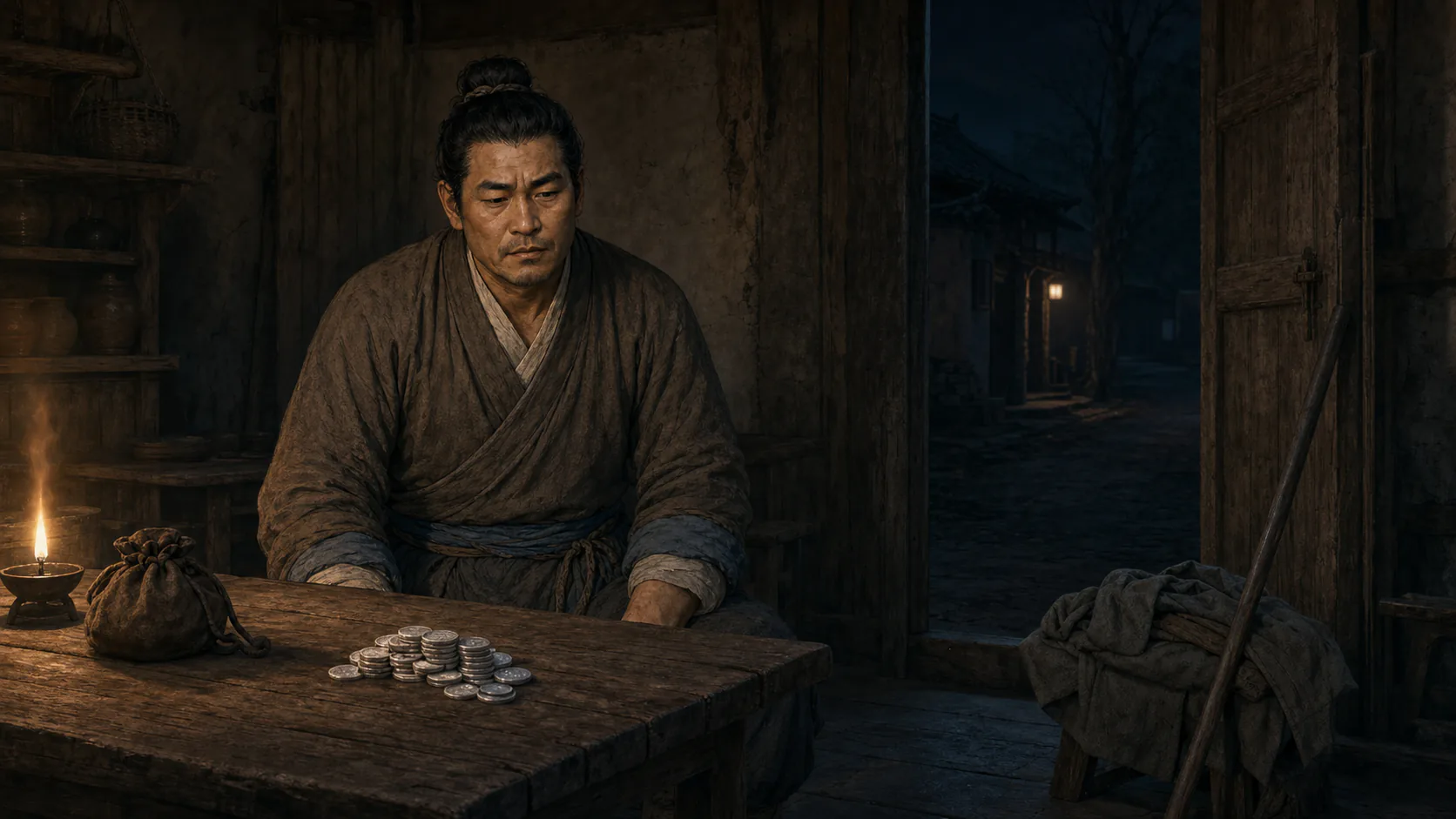 成年权老实独自坐在昏暗室内,面对桌上的出售所得银钱,神情沉重而没有受害者在场