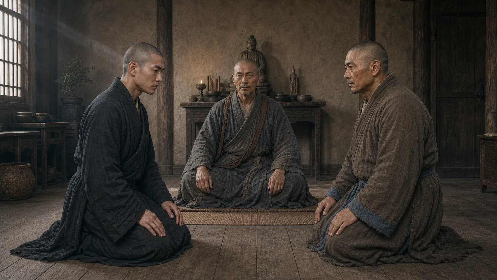 成熟同脸的顽石与权老实穿完整僧衣，在高龄孤峰长老座前刚刚相认并跪陈旧罪，三人神情凝重