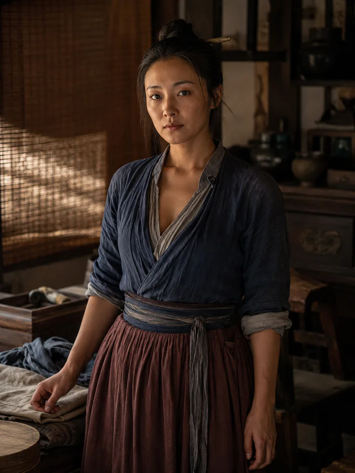 如意身着低饱和靛青与暖灰衣裙、佩木簪的成年女性单人肖像