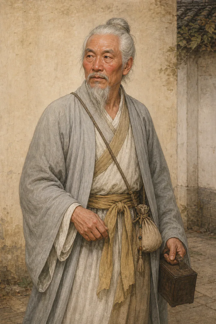 天际真人身着灰白与土黄衣袍、携药囊和木盒的单人肖像
