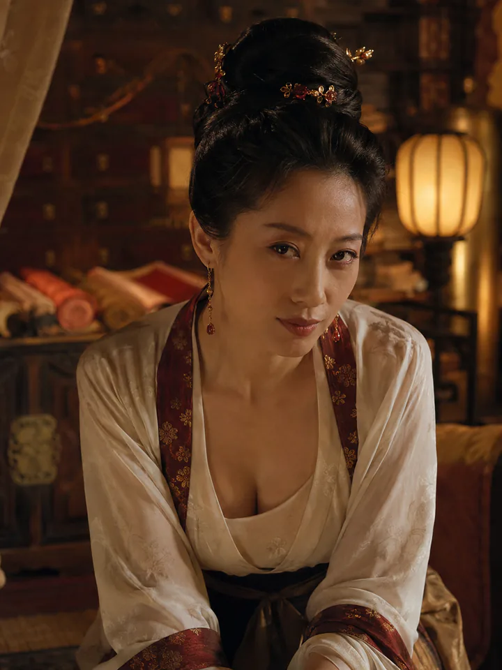 艳芳身着暖白与桑葚红衣裙、神态谨慎的成年女性单人肖像